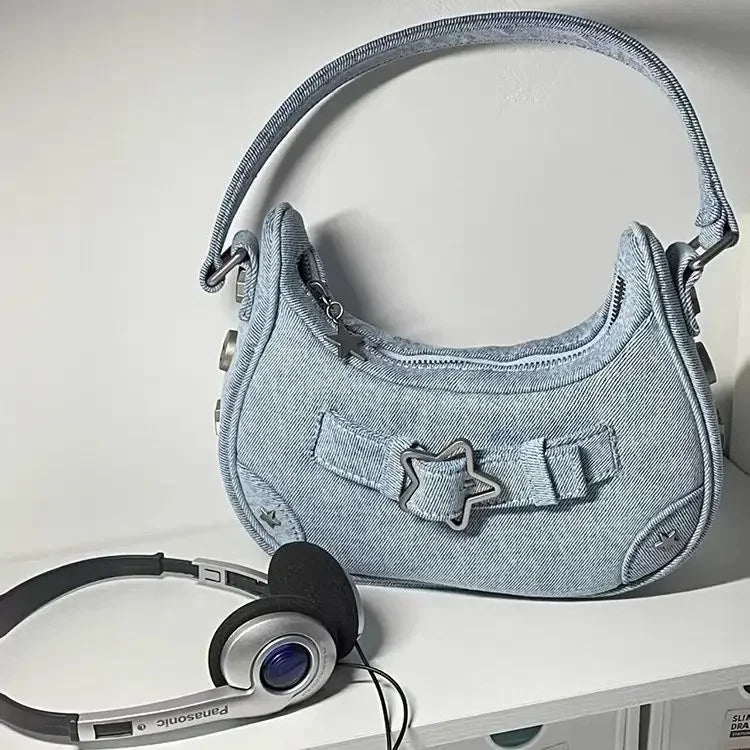 Vintage Korean Casual Cute White Star Shoulder Underarm Tote Bag Ladies Sling Bags Leather Zip Purses Handbags Women