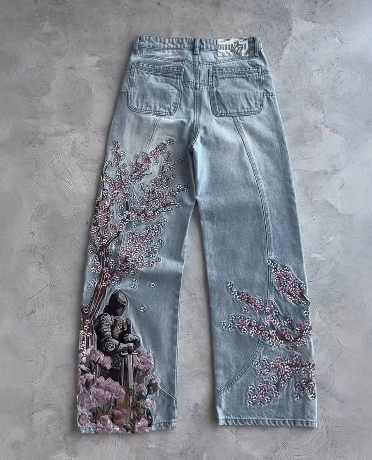 Hip Hop Cherry Blossom Embroidery Baggy Jeans Harajuku Wide Leg High Waisted Denim Pants Y2k Trend Jeans Clothing