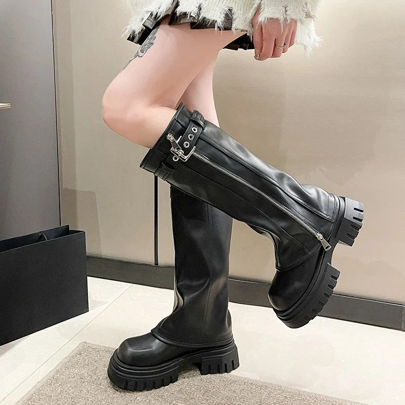 Biker Boots Belt Buckle Ladies Elegant Platform Long Pipe Booties Casual Knee High Booties2025
