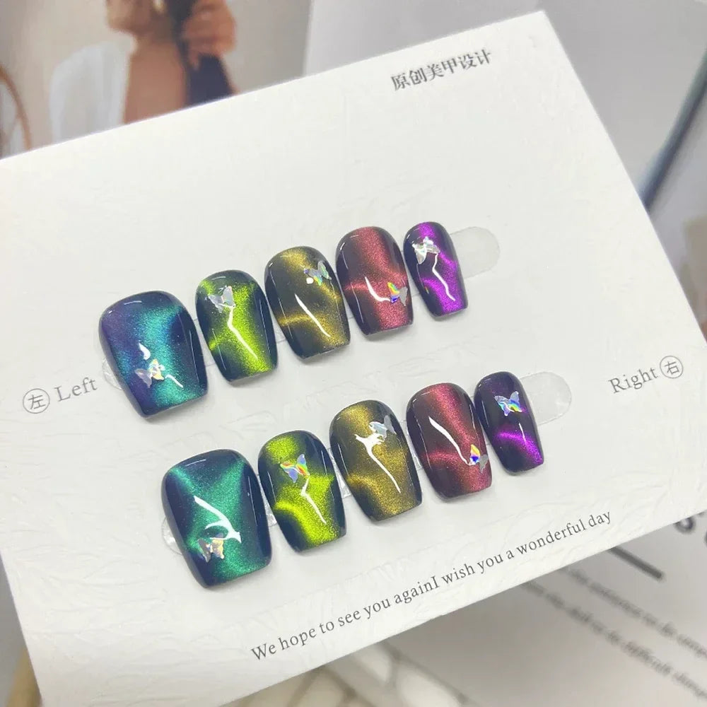 Beauty Colorful Short Square Round Detachable Manicure Kawaii Cat Eyes Glitter Sequins Rhinestone Handmade Full Cover Nail Tips