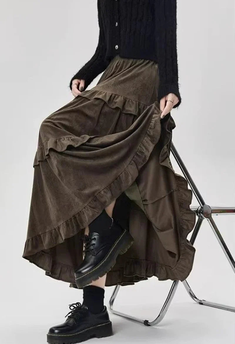 Fleece Midi Skirt Y2K Thick Ruffled Patchwork Casual Skirt Ladies High Waist Preppy A Line Skirt New