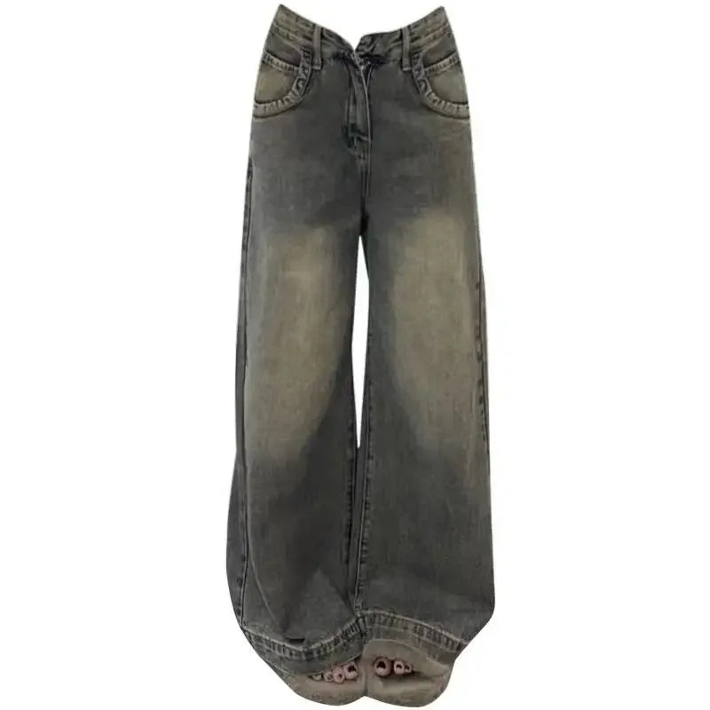 Vintage Distressed Wide-leg Jeans Loose-fit Slimming Draped Versatile Trailing Straight-leg Trousers