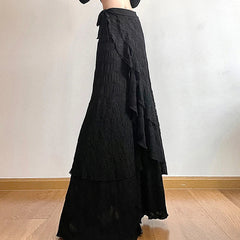 Y2K Black Long Skirt Harajuku Gothic Lace Asymmetrical Maxi Skirts Korean Ruffles Patchwork Bandage Design Faldas