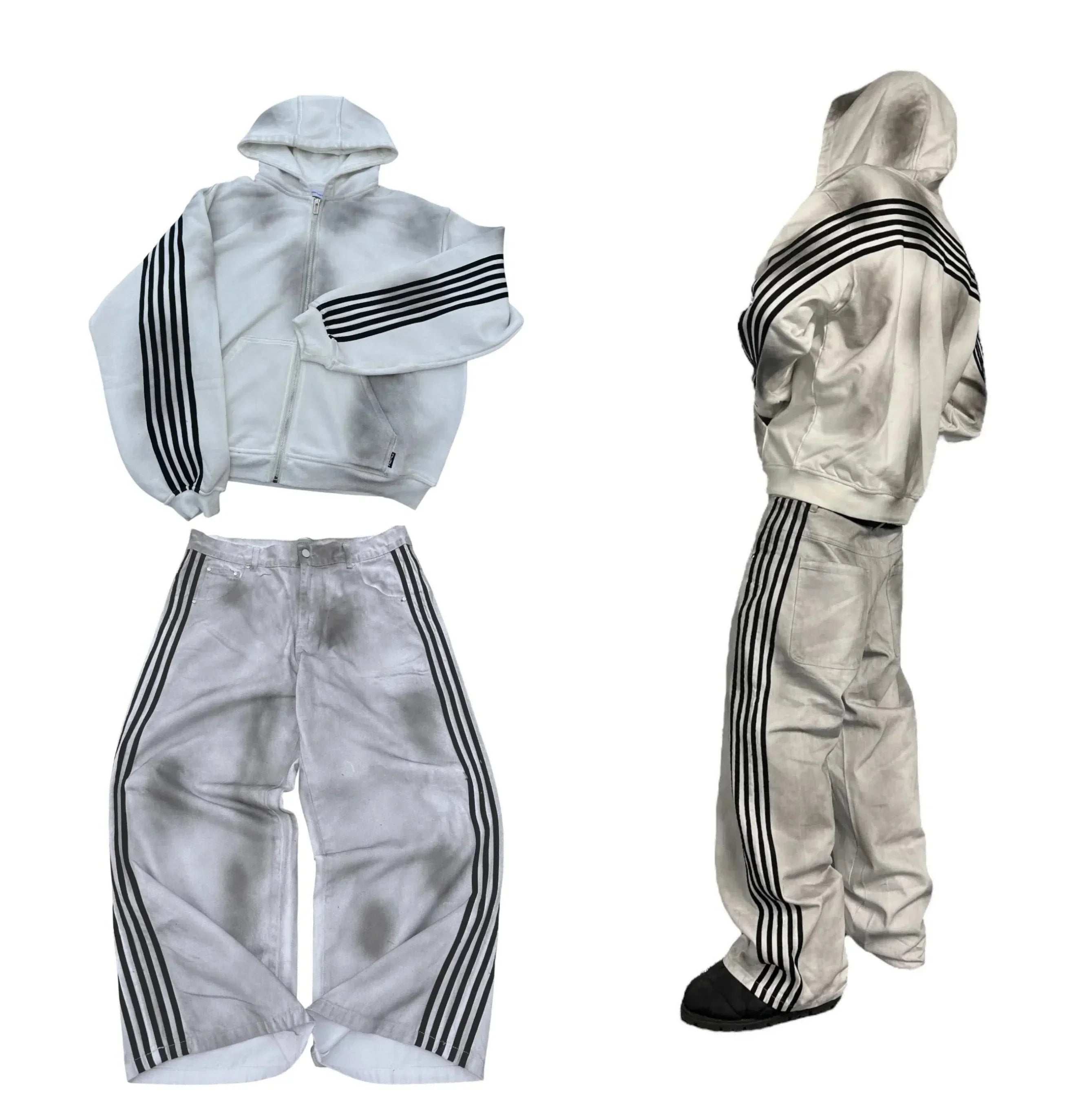 Gothic Punk Y2k Hoodie Two Piece Set Hip Hop Trend Side Striped Embroidered Zipper Hoodie Harajuku Retro Casual Wide Leg Jeans