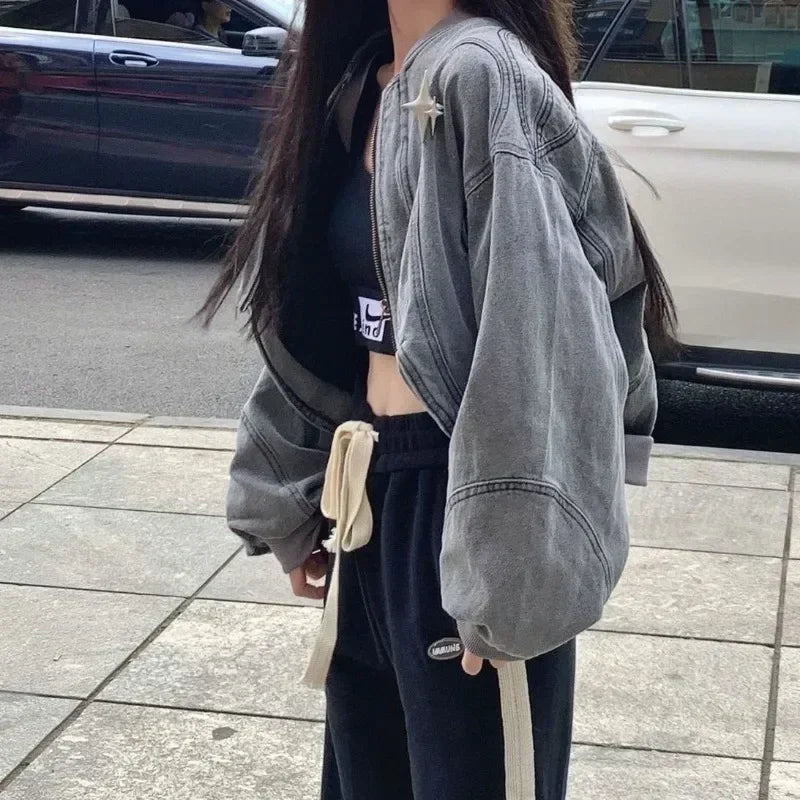 Grey Denim Jackets Y2k Cross Crop Oversize Zip Jackets Coat Hippie Streetwear 90s Harajuku Clothing