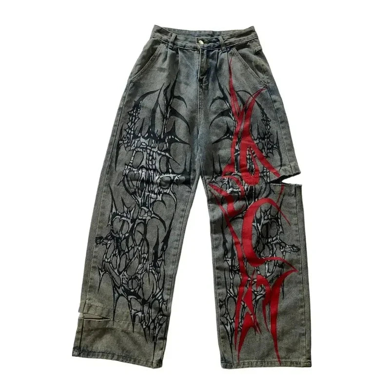 American Oversized Pattern Printed Washed Jeans Y2K Gothic Rock Casual Joker High Waist Wide Leg Pants