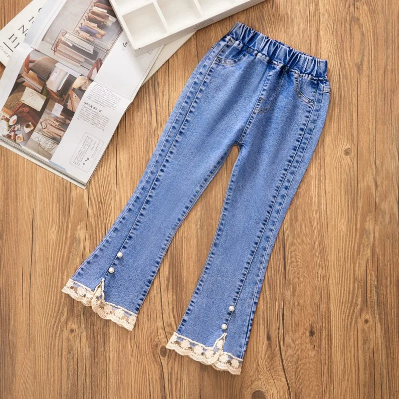 Teenage Girls Jeans Bead Lace Denim Girl Trousers Children's Stretch Waist Solid Pants Casual Bell-bottoms