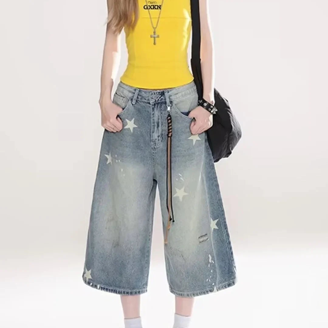 DM American Vintage Washed Star Denim Shorts Y2k High Waist Straight Wide Leg Jeans Loose Knee-Length Pants