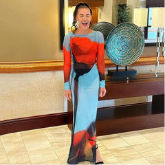 Yiiciovy Slim Fit Long Dress Cover-Ups Sheer Mesh Long Sleeve Floral Print Beach Dress Side Split Bikini Cover-Ups