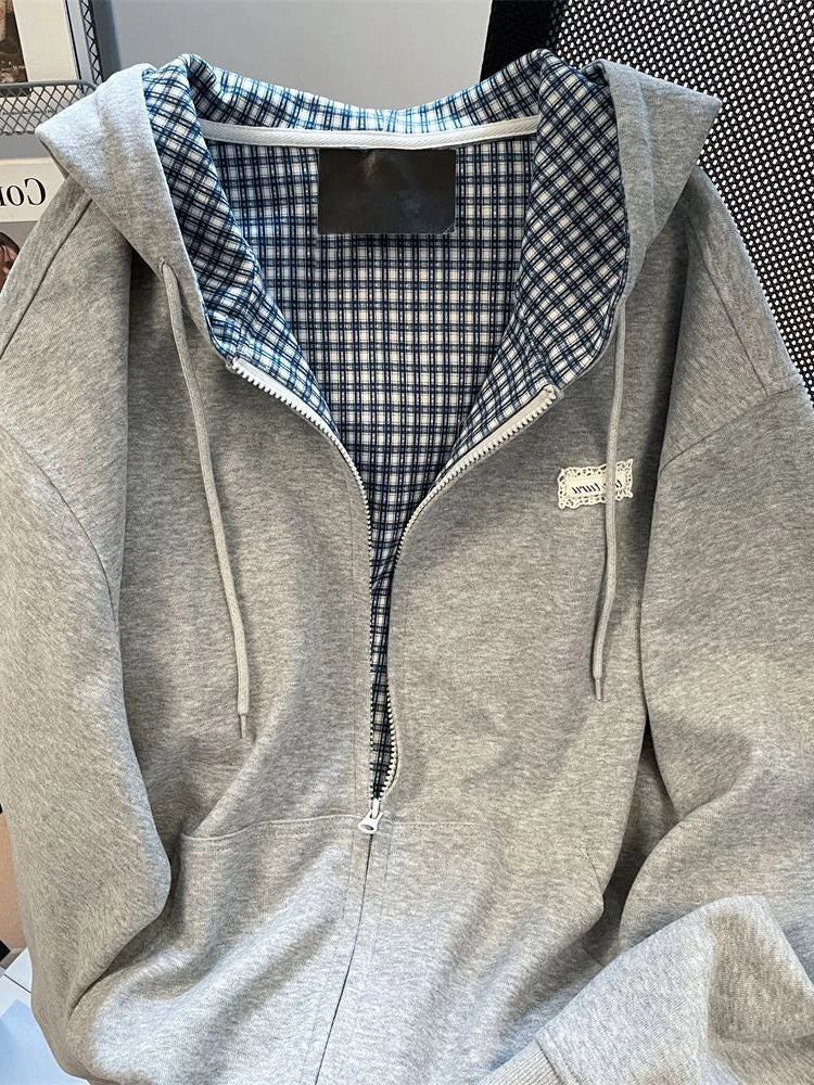 Jmprs Plaid Patchwork Vintage Hoodies Loose Preppy Style Gray Sweatshirts Fall Loose Long Sleeve Sweet Korean Tops