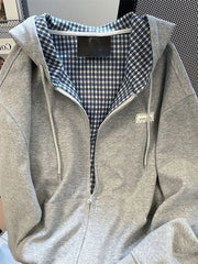Jmprs Plaid Patchwork Vintage Hoodies Loose Preppy Style Gray Sweatshirts Fall Loose Long Sleeve Sweet Korean Tops