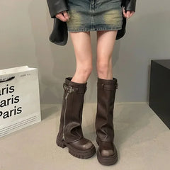 Biker Boots Belt Buckle Ladies Elegant Platform Long Pipe Booties Casual Knee High Booties