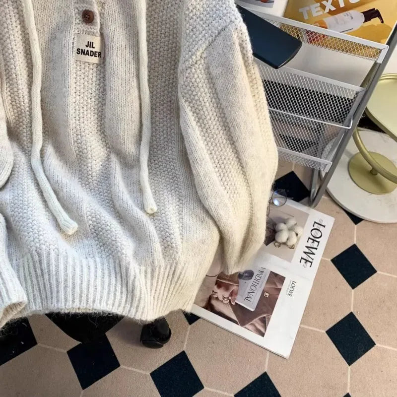 Pullovers Hooded Plus Velvet Thickening Button Design Tender Knitted Sweater All-match Casual Students Chic