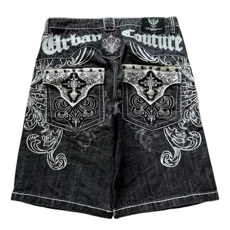 Y2K Denim Shorts Patch Vintage Shorts Street Hip Hop Harajuku Punk Loose High Waist Wide Leg Pants