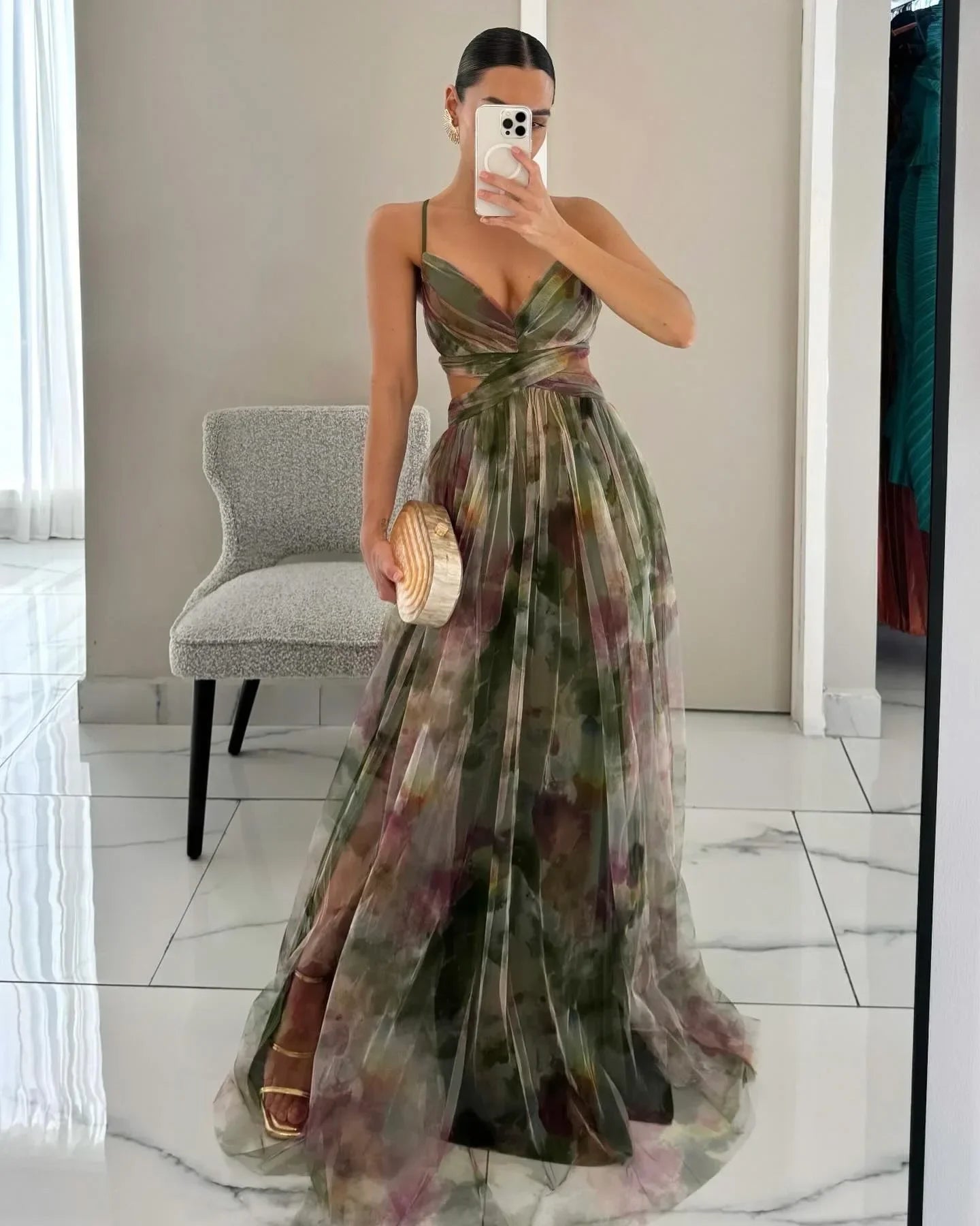 Hollow Out Party Dress, Loungewear Printing Maxi Dress, Sleeveless Lace-Up Ladies Dress Vestido