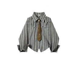 2PCS American Retro Pants Sets Striped Long Sleeve Casual Blouses Patchwork Button Punk Jeans Chic Two Piece Suits
