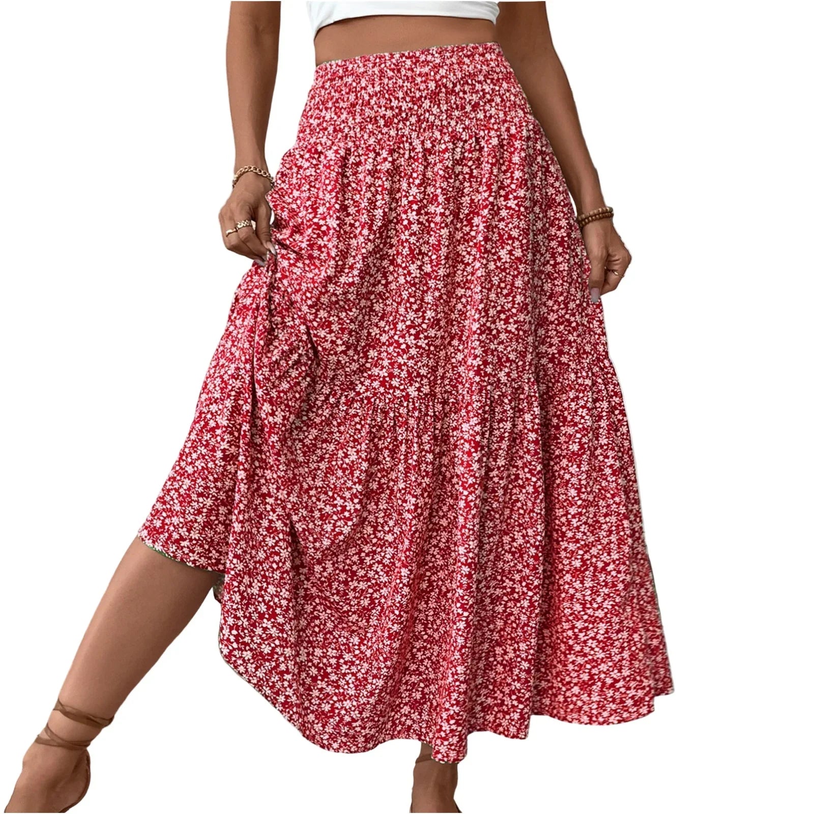 Pleated Floral Print Elastic Waist Loose Splicing A Line Skirt Skirts