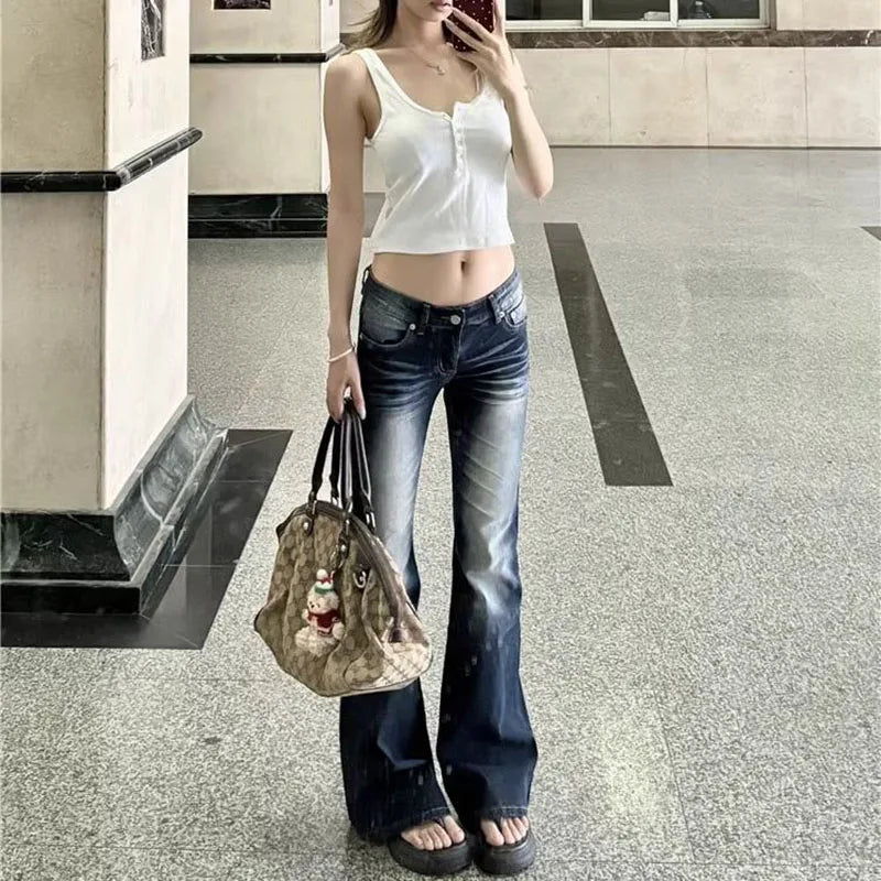 Washed Denim Flares Pants Korean Style Low-Waist Slimming Wide Leg Jeans Streetwear Slim Y2K Trousers