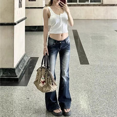 Washed Denim Flares Pants Korean Style Low-Waist Slimming Wide Leg Jeans Streetwear Slim Y2K Trousers