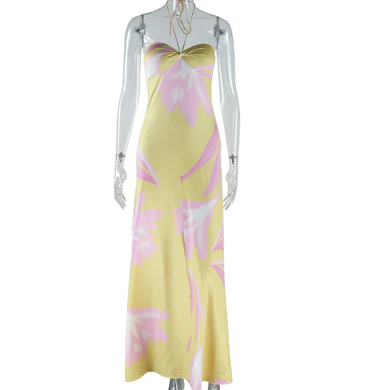 Yellow Printed Halter Satin Dress Hollow Off Shoulder Bohemian Dress Sleeveless Slim Party Long Dresses