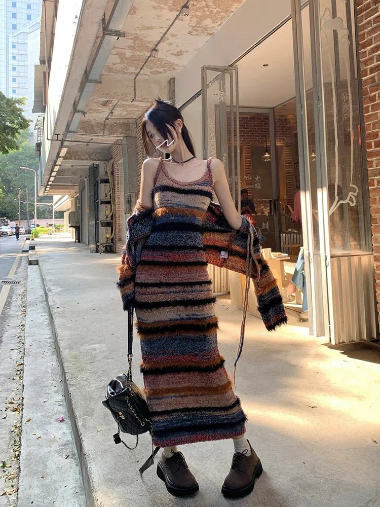 Korean style Streetwear Long-sleeved Cardigan Striped Knit Sling Dress Two-piece Suit