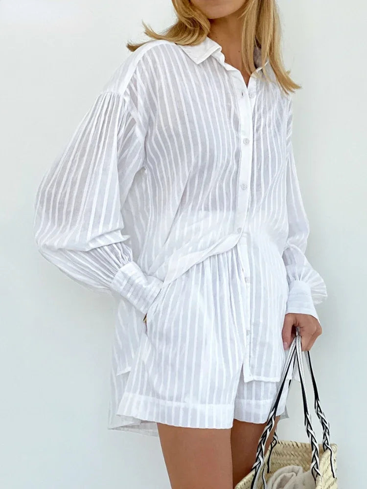 Wolfeel Casual Shorts Sets Striped Jacquard 2 Pieces Cozy Lapel Lantern Sleeve Shirt Outfit Elastic Waist Shorts Suits
