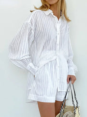 Wolfeel Casual Shorts Sets Striped Jacquard 2 Pieces Cozy Lapel Lantern Sleeve Shirt Outfit Elastic Waist Shorts Suits