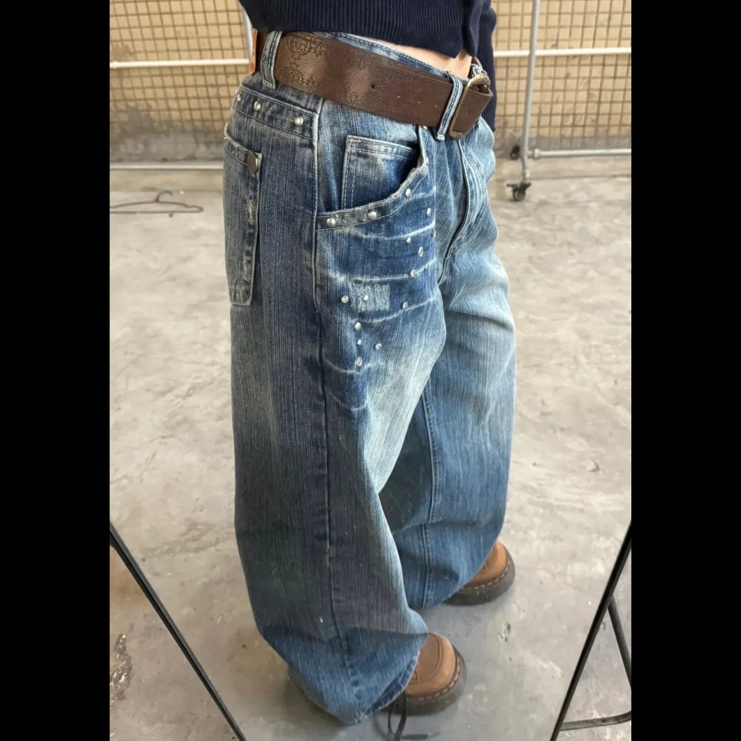 Retro American Rivet Low Waist Straight Leg Denim Jeans Spicy Girl High Street Unique Design Couple Vintage Style Long Trousers