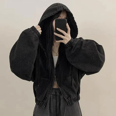 Matakawa Denim Jackets Hooded Solid Korean Chaquetas Vintage Loose Zipper Ropa De Mujer Tops