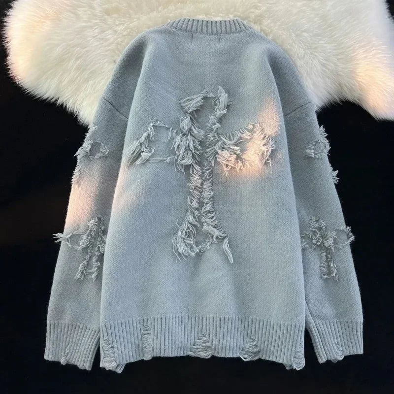 and y2k Streetwear Retro Hole Fringed Sweater Loose Versatile Sweater