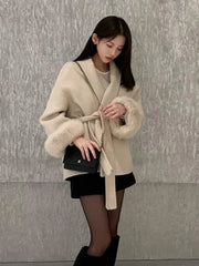 Americanable V-neck Lapel Furry Sleeves Lace-up Long-sleeved Woolen Coat Elegant Lace-up Long-sleeved Wool Coat
