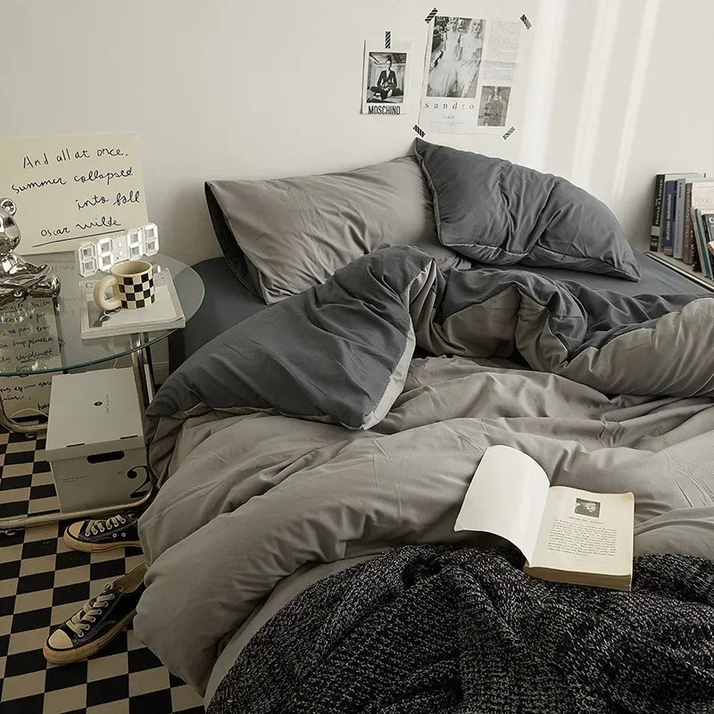 Solid Color Double Washed Cotton Bedding 4 Pieces Set Student Dormitory Bed Linen Duvet Set Bed Suit