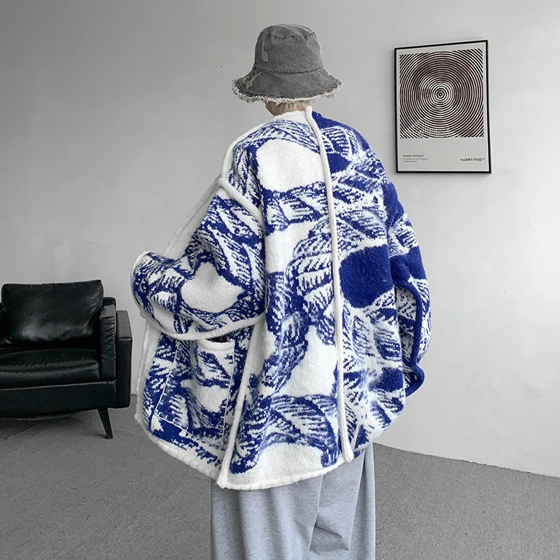 Printed Sweater Coat Top quality V Neck Knitted Cardigan Lazy Chic Elegant Sweater High Street Hip Hop Oversized