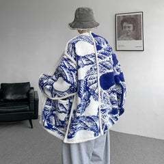 Printed Sweater Coat Top quality V Neck Knitted Cardigan Lazy Chic Elegant Sweater High Street Hip Hop Oversized