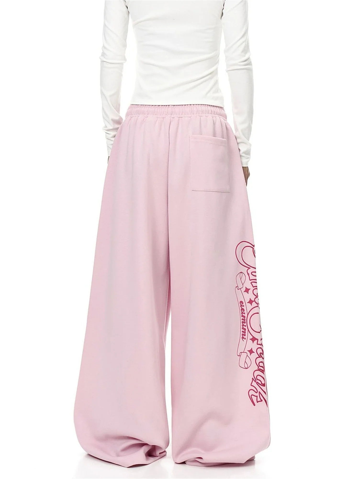 Pink Wide Leg Sweatpants Letter Print Drawstring Waist Casual Streetwear Trousers
