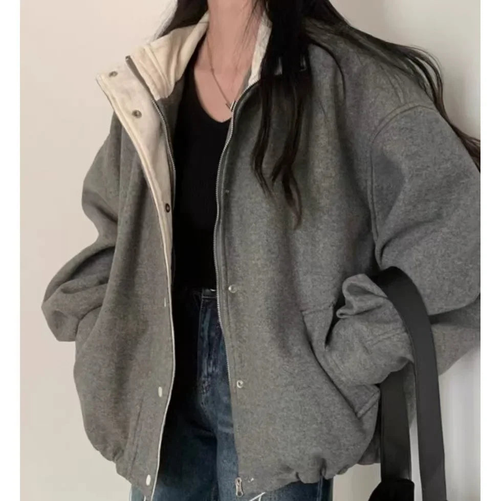 Gray Feel Chic Sale Of The Season French Vintage Turn-down Collar Loose Woolen Coat Jacket Female