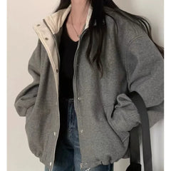 Gray Feel Chic Sale Of The Season French Vintage Turn-down Collar Loose Woolen Coat Jacket Female
