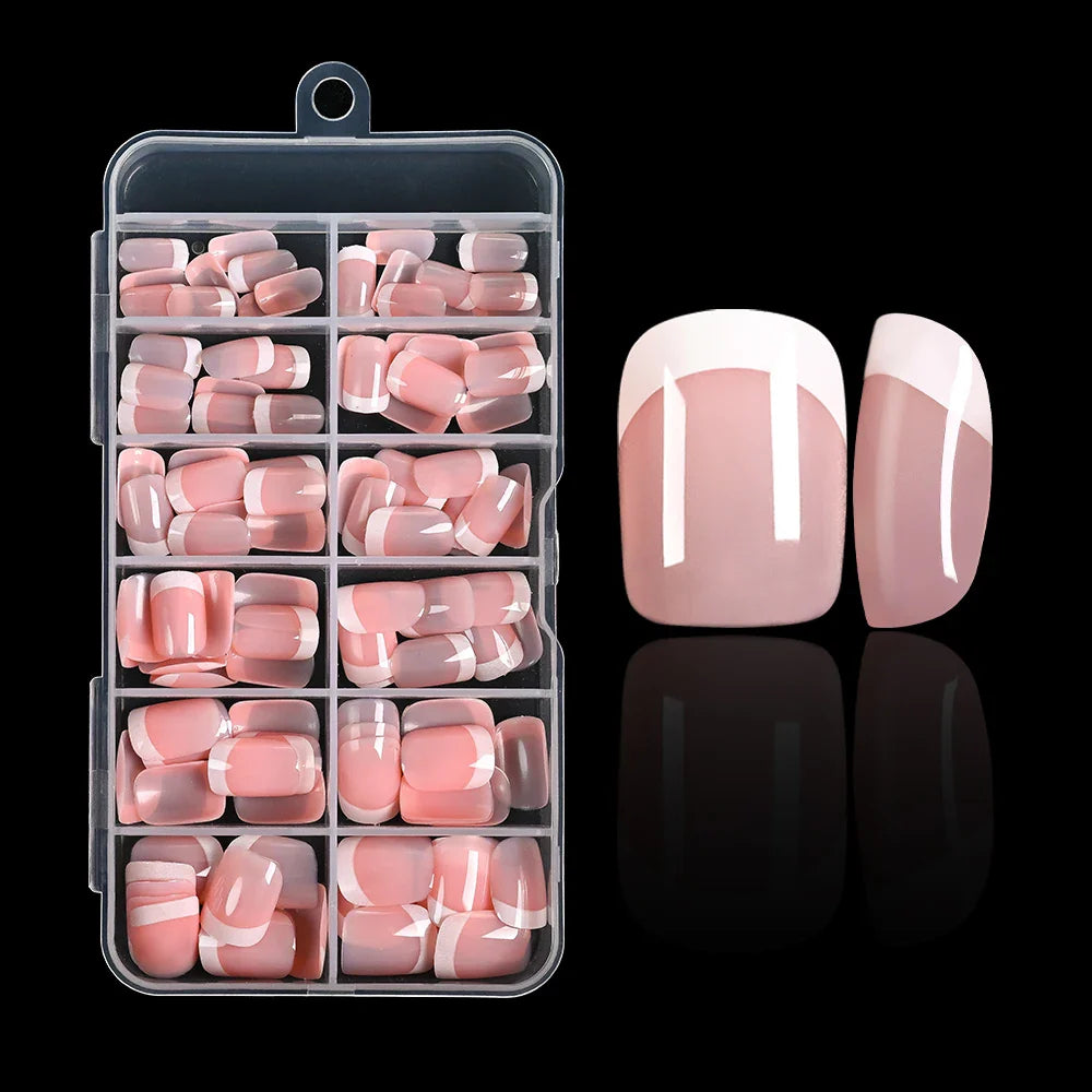 120Pcs Pink French Short Square Fake Nails 12-Sizes Full Cover Press On Nails Wearable Detachable Finished False Fingertips *TD