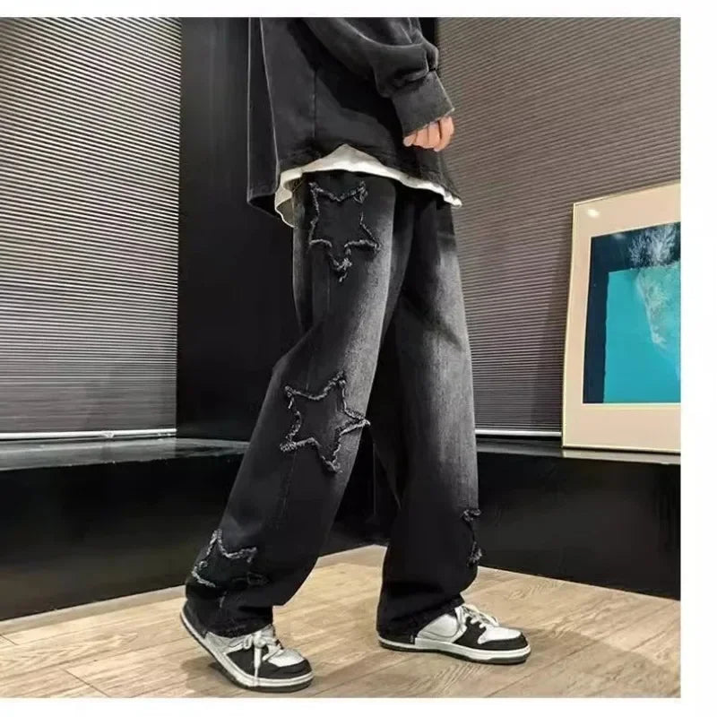 Stars Towel Embroidery Brown Jeans Y2K Clothes Straight Hip Hop Cotton Trousers Pantalon Homme