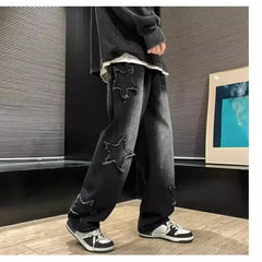 Stars Towel Embroidery Brown Jeans Y2K Clothes Straight Hip Hop Cotton Trousers Pantalon Homme