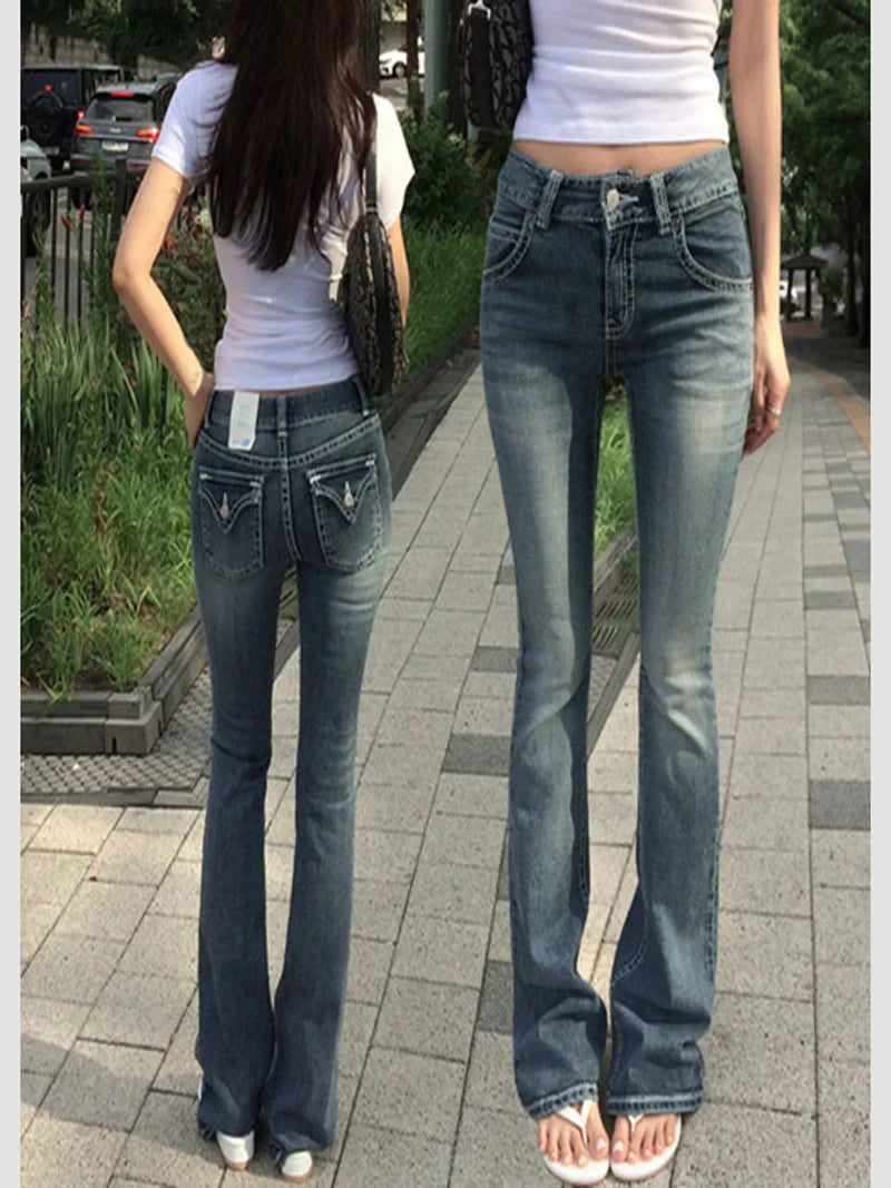 Gothic Buddha Head Jeans Y2K Clothes Hip Hop Pocket Embroidery Vintage Blue Baggy Jeans Low Waist Wide Leg Trousers