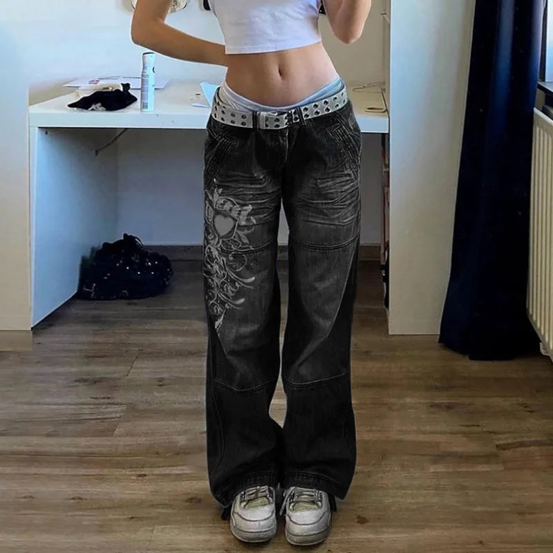 Street style clothing, irregular printed loose pants, low waisted pleated washed distressed multicolored jeans