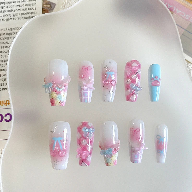 10pcs pure handmade coffin shaped nail art, beautiful fake nails, playful pink white blue nail art, suitable