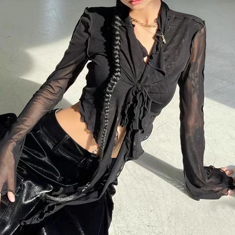 Long Flare Sleeve Sweet Girls Korean Blouses