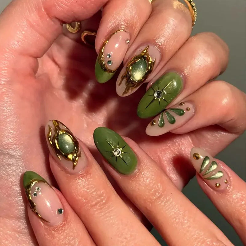 Red Y2K Wearable Nail Art Chic Silver Butterfly Love Metal Bead Almond False Nails Detachable Finished Fake Nails Press on Nails