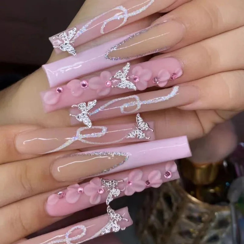24pcs Rhinestones Full Cover Nail Art Datachable Glitter French Press on Nails Tip Flower Long Square Fake Nail Pink False Nails