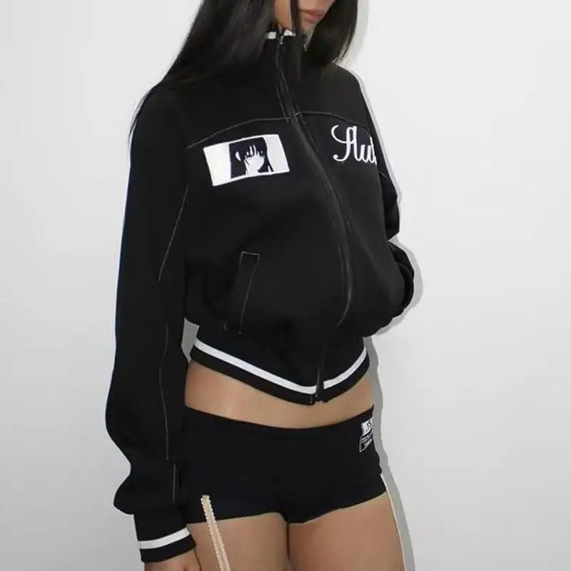 Japanese Subculture Anime Geometric Embroidery Short Jacket Stand Collar Zipper Contrasting Slim