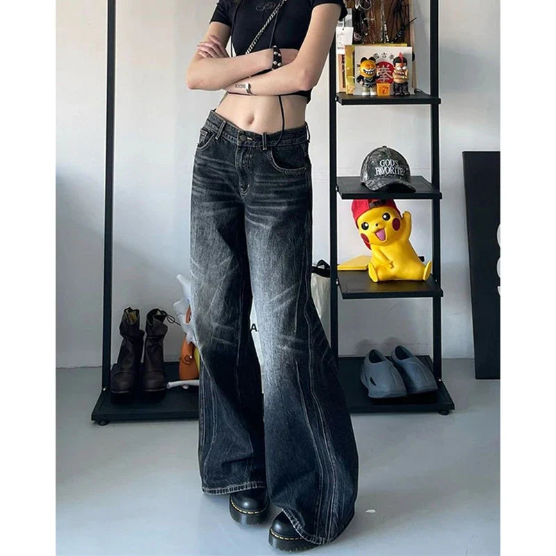 Y2K 2000S Grunge Black Jeans Vintage Oversized Wide Leg Denim Pants Harajuku Gothic High Waist Baggy Straight Trousers New