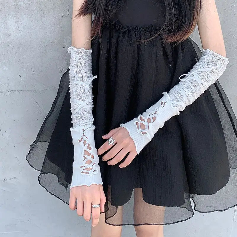 Lolita Gloves Ballet Style White Lace Sleeves Thin Sunscreen Spicy Y2K Girl Strap Gloves