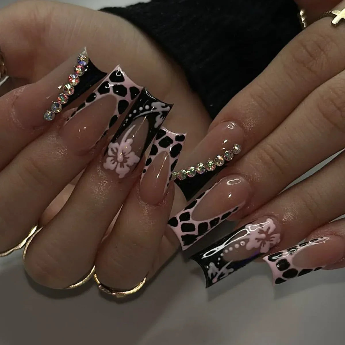 24Pcs Long Coffin Leopard Print False Nails with Glue Sweet Cool Diamond Fake Nail Set Floral French Press on Wearable Nail Tips
